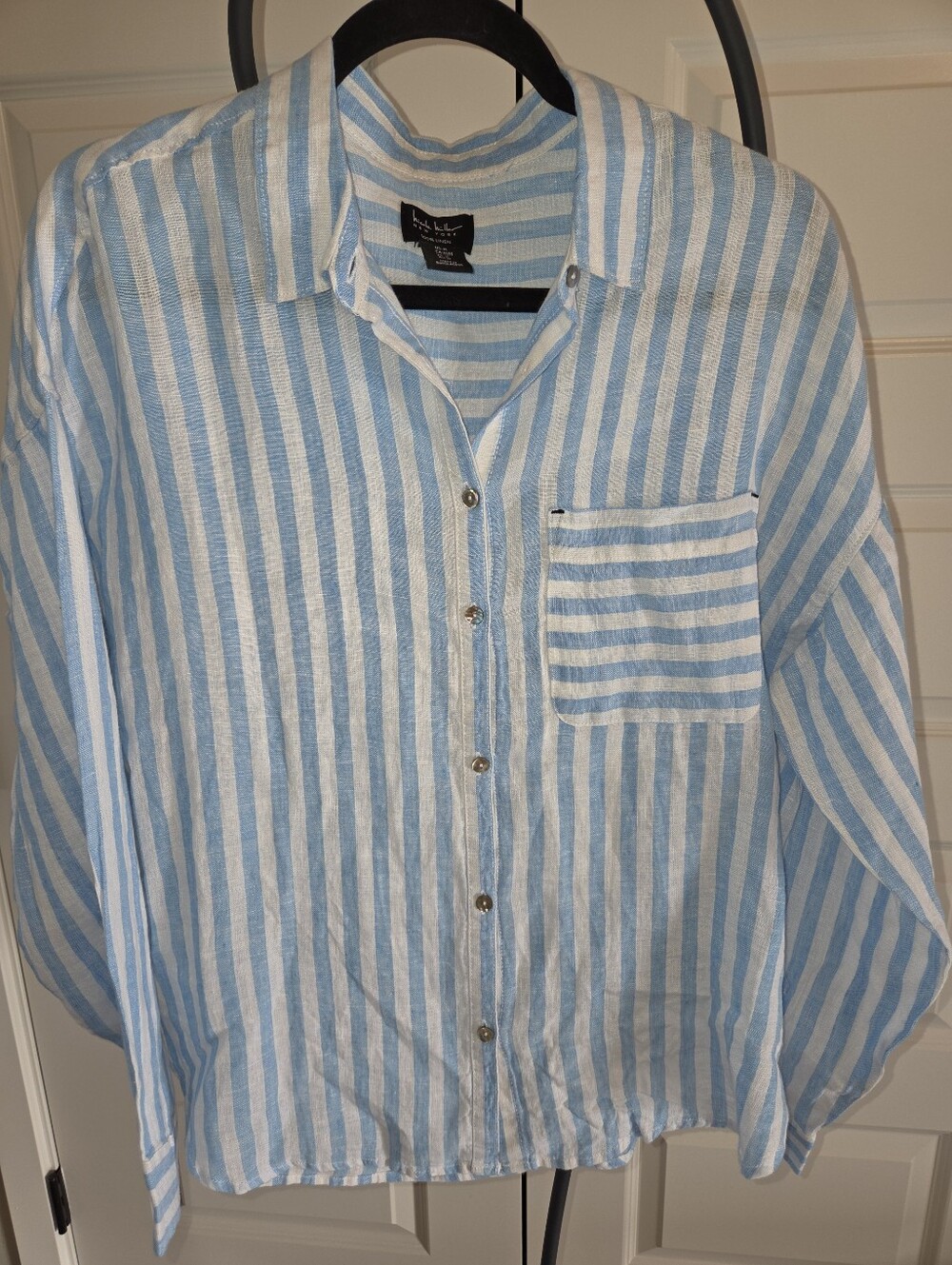 Nicole Miller New York Blue & White Linen Striped Button Shirt